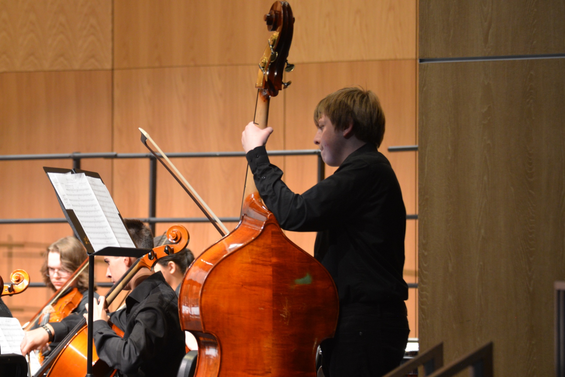 Student performing upright bass with the Sartell orchestra
